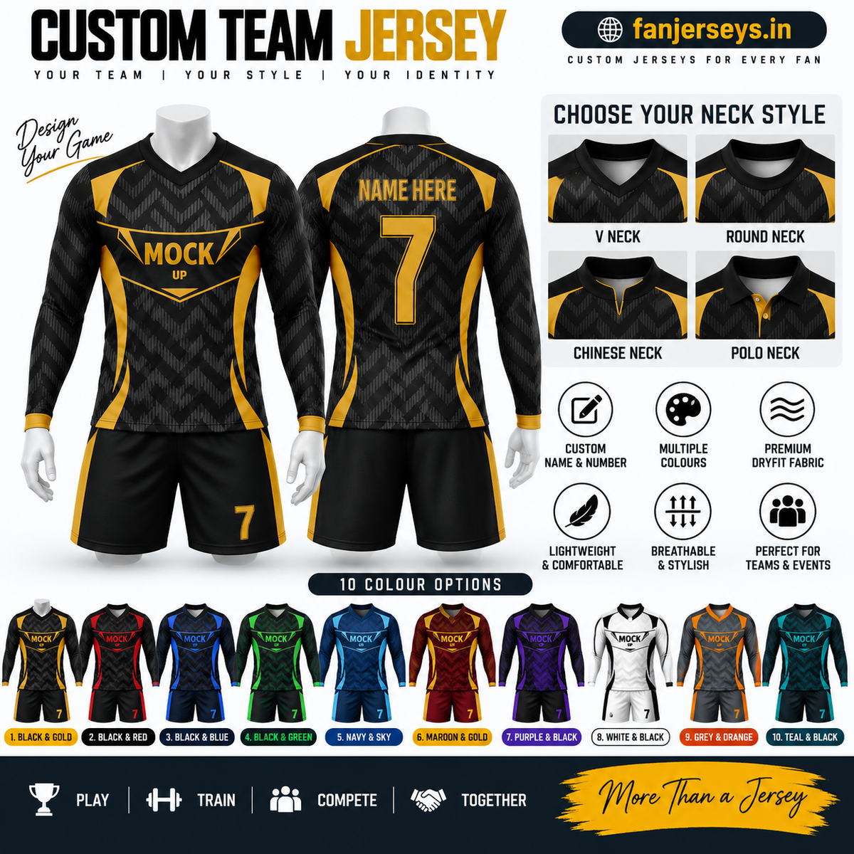 Customized Black and gold long sleeve soccer jersey kit