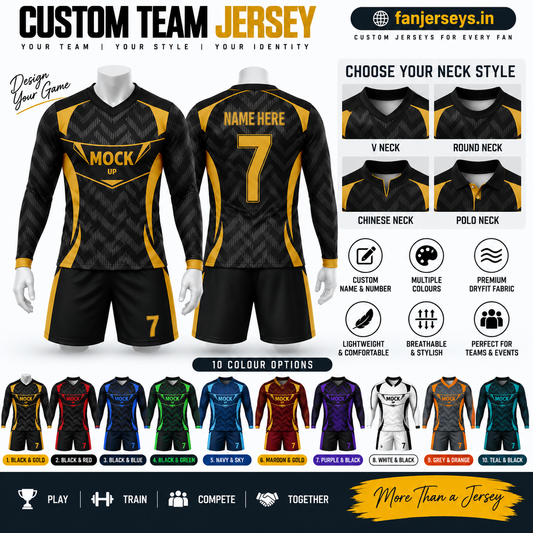Customized Black and gold long sleeve soccer jersey kit